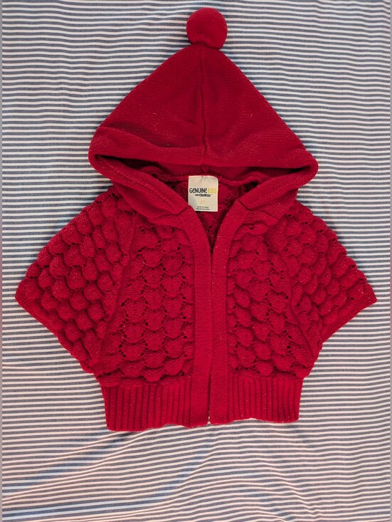 OshKosh B'gosh Other - Genuine Kids Oshkosh Red Hooded Knit Sweater Capelet Cape/Cardigan with Pompom
